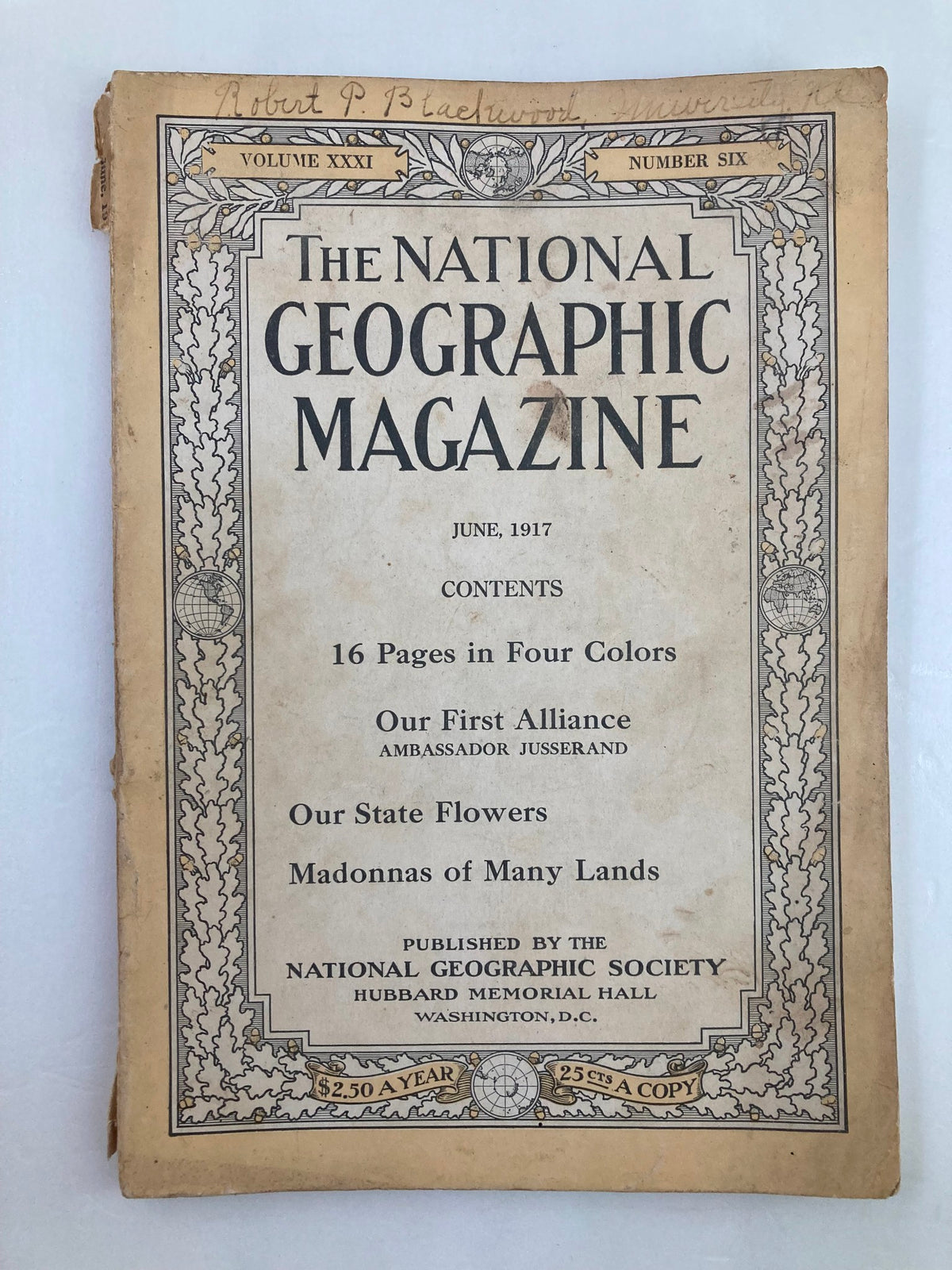Front cover of the VTG The National Geographic Magazine June 1917 edition featuring the title and contents list, including 'Madonnas of Many Lands'.