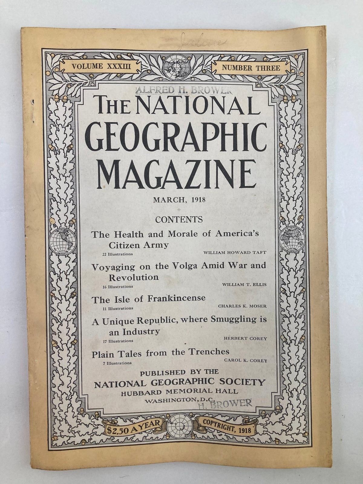 Cover of VTG The National Geographic Magazine March 1918 showcasing articles including the Isle of Frankincense and Citizen Army content.