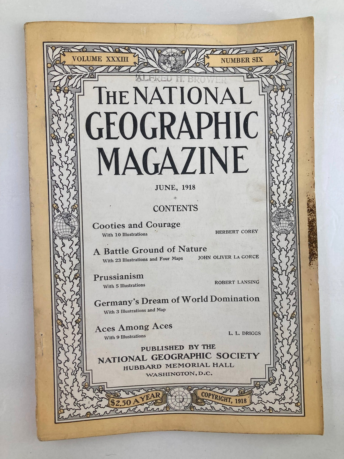 Cover of the vintage National Geographic Magazine June 1918 edition titled 'Cooties and Courage', featuring the table of contents and illustrations from the period.