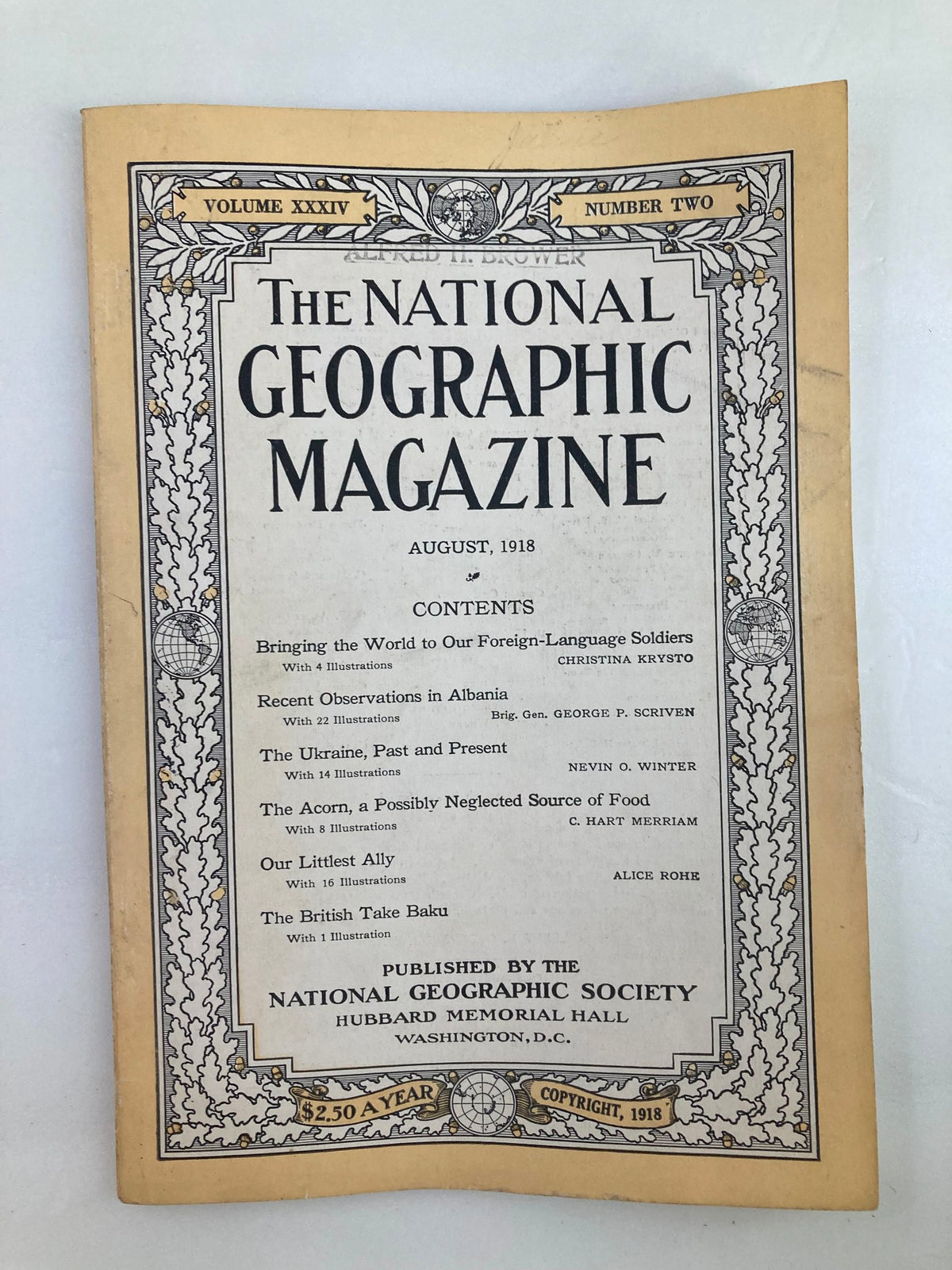 Cover of the VTG The National Geographic Magazine August 1918 featuring the title 'Our Littlest Ally', showcasing vintage design and historical content from the early 20th century.