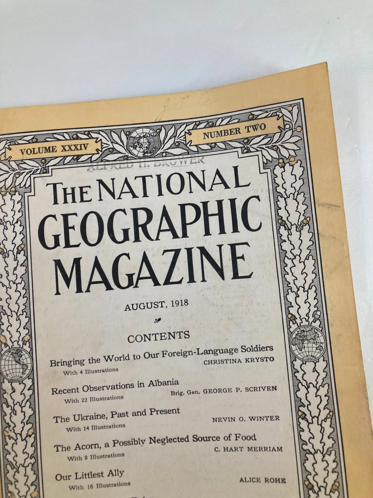 Cover page of the National Geographic Magazine August 1918 titled 'Our Littlest Ally', showcasing the magazine's details and vintage design.