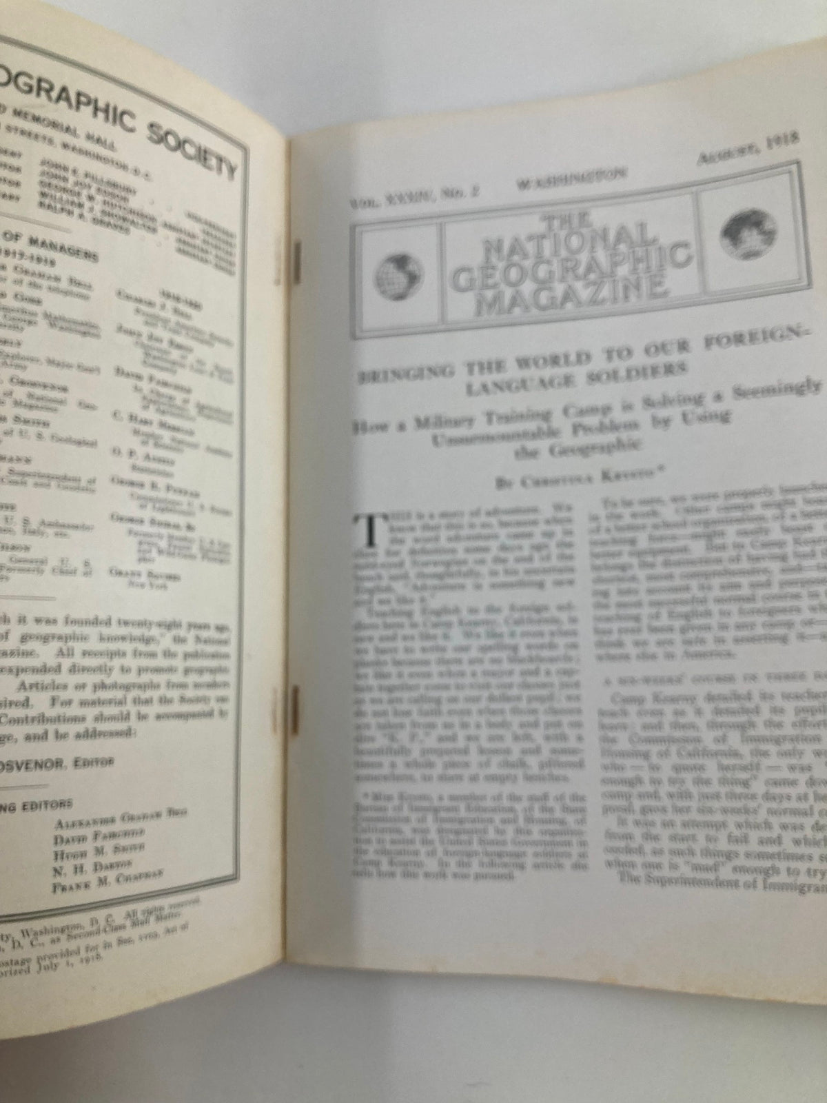 Inside page of the National Geographic Magazine August 1918, featuring content details including articles about foreign language soldiers and captivating illustrations.