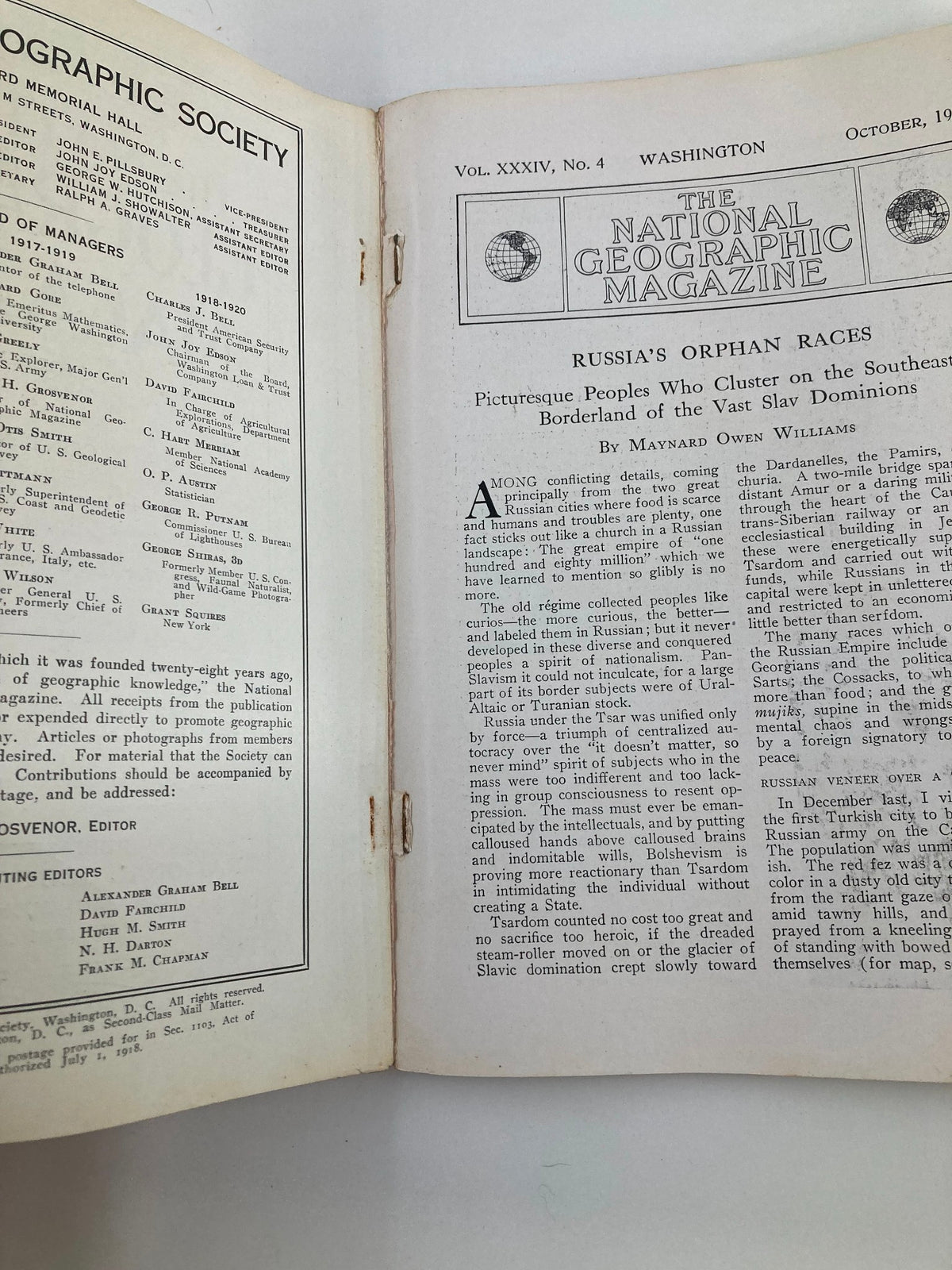 Interior page of VTG The National Geographic Magazine October 1918 showcasing the article 'Russia's Orphan Races'.