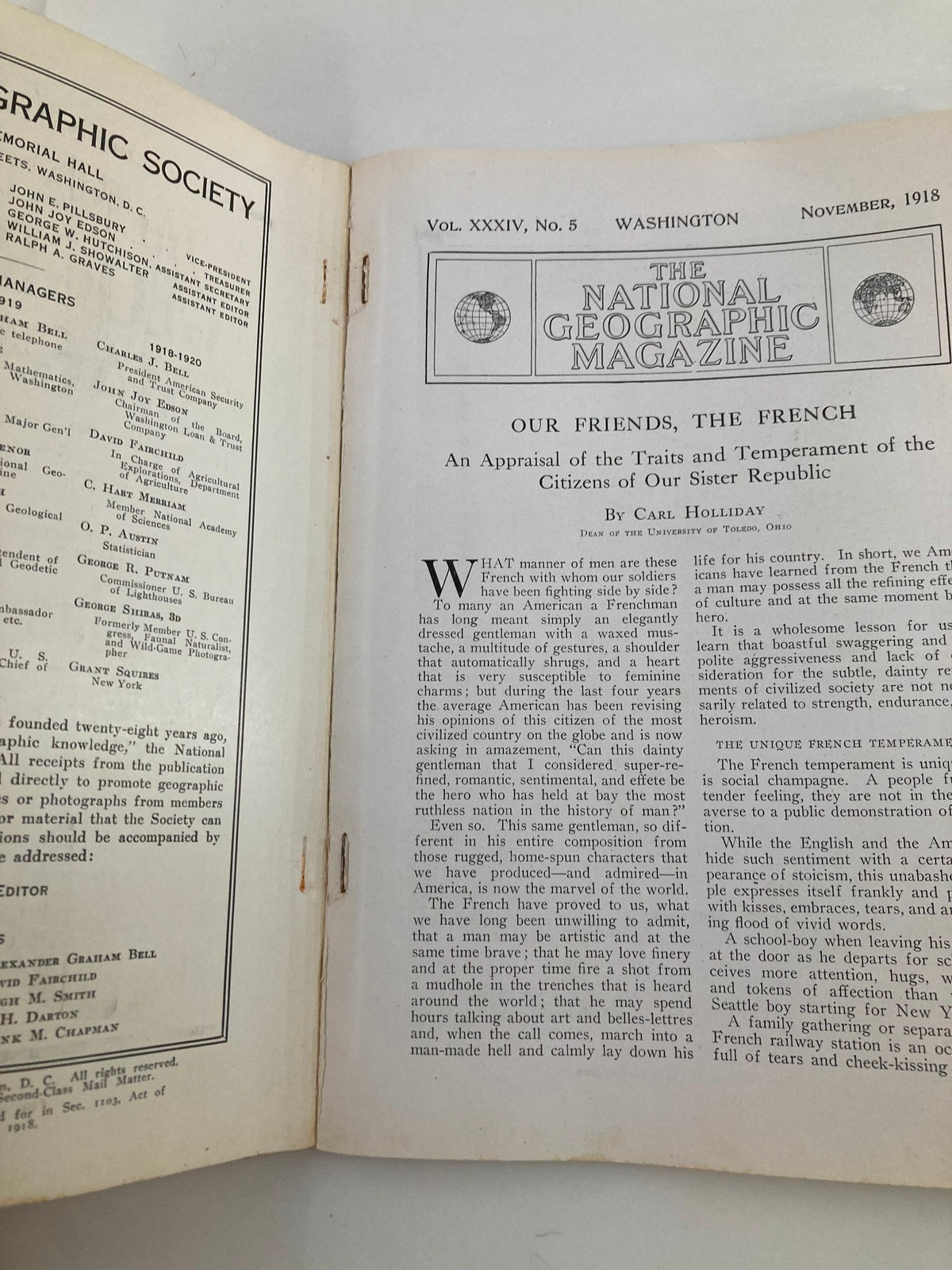 Inside page of the VTG The National Geographic Magazine November 1918, featuring an article titled 'Our Friends, the French'.