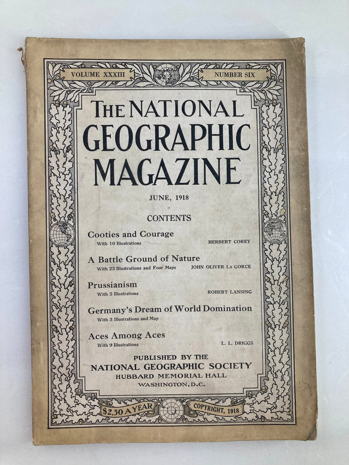 Cover of VTG The National Geographic Magazine from June 1918 featuring the title 'Cooties and Courage'. The magazine contains historical content, illustrations, and articles reflective of its time, published by the National Geographic Society.