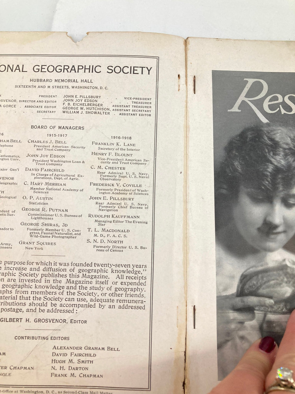 Inside page of VTG The National Geographic Magazine June 1916 featuring the board of managers and editorial staff.