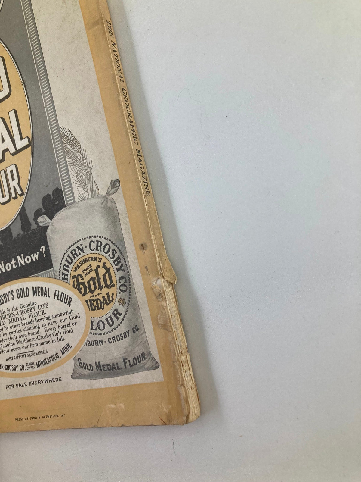 Side view of Washburn-Crosby's Gold Medal Flour advertisement, from VTG The National Geographic Magazine June 1916, showing wear and historical context.