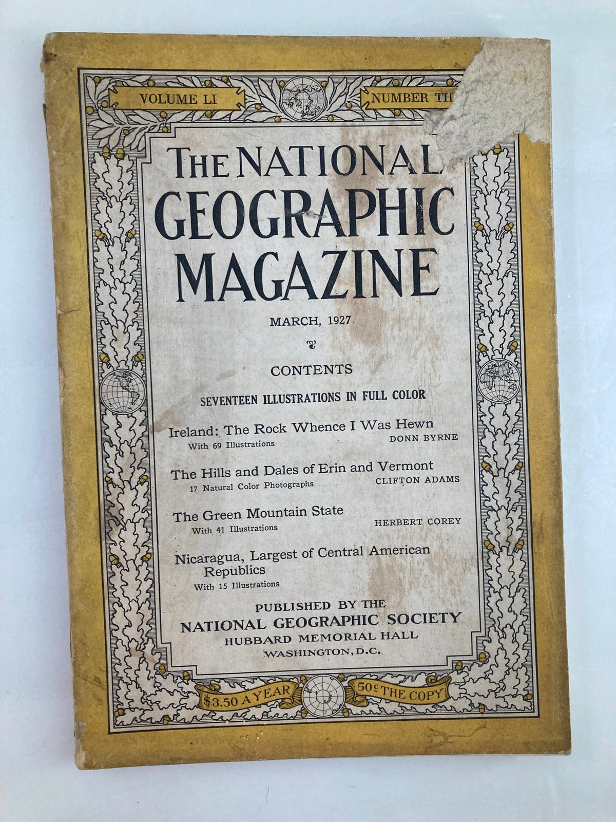 Cover page of VTG The National Geographic Magazine March 1927 featuring the contents and illustrations, highlighting the Green Mountain State.