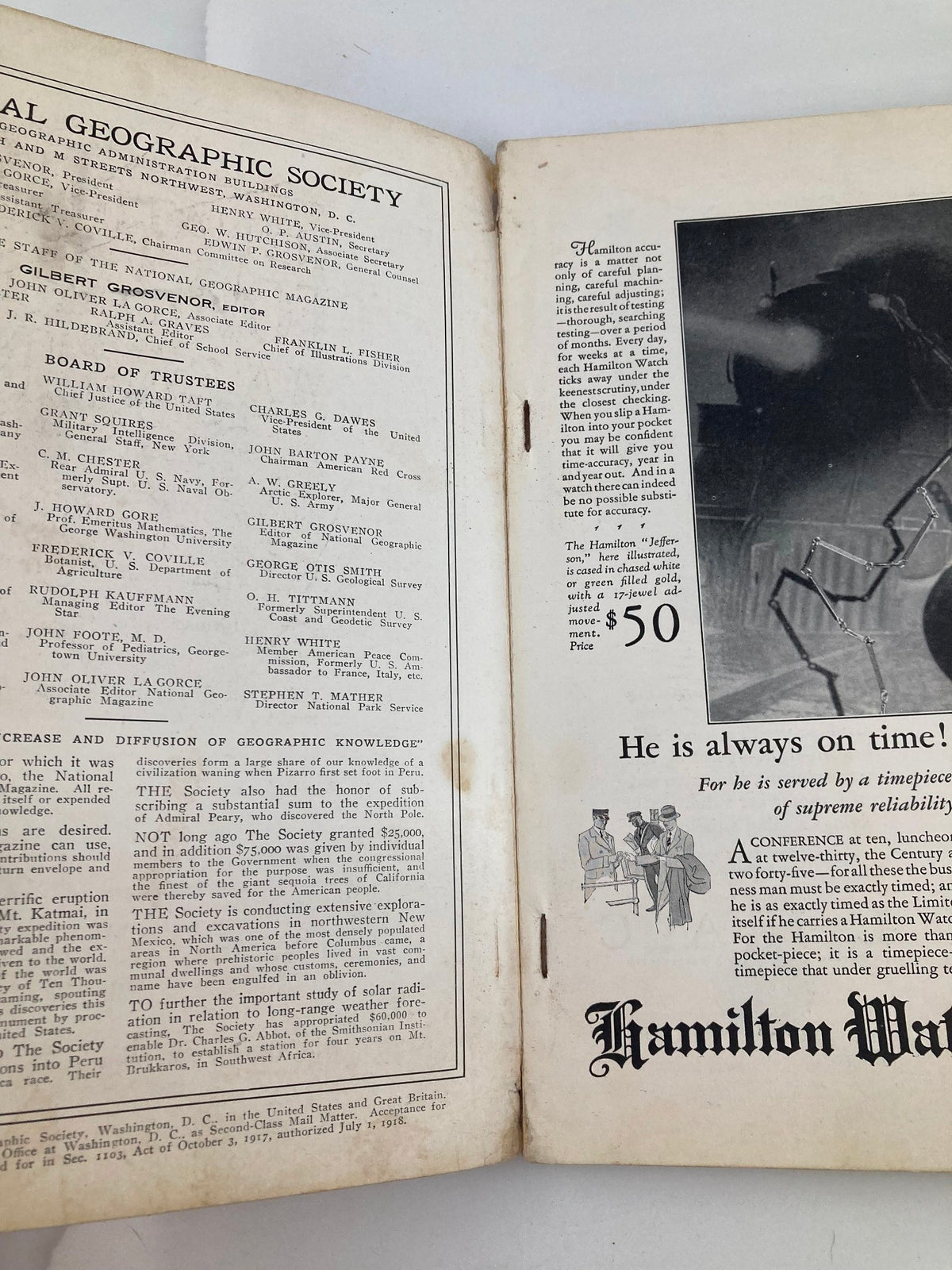 Inside view of VTG The National Geographic Magazine March 1927 displaying the National Geographic Society's board of trustees and subscription information.