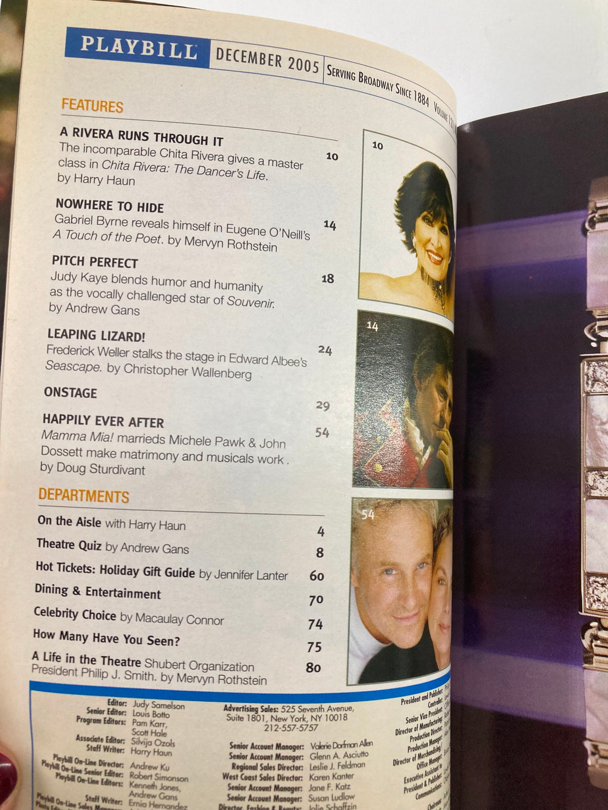 Inside the December 2005 Playbill for Movin' Out showcasing articles and features related to Broadway performances.