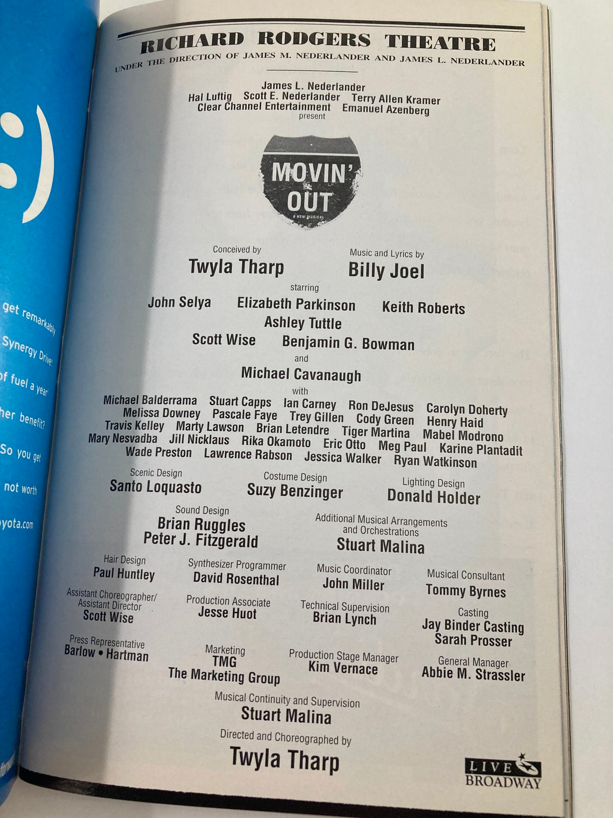 Credits page from the December 2005 Playbill for Movin' Out at Richard Rodgers Theatre, listing cast and production details.
