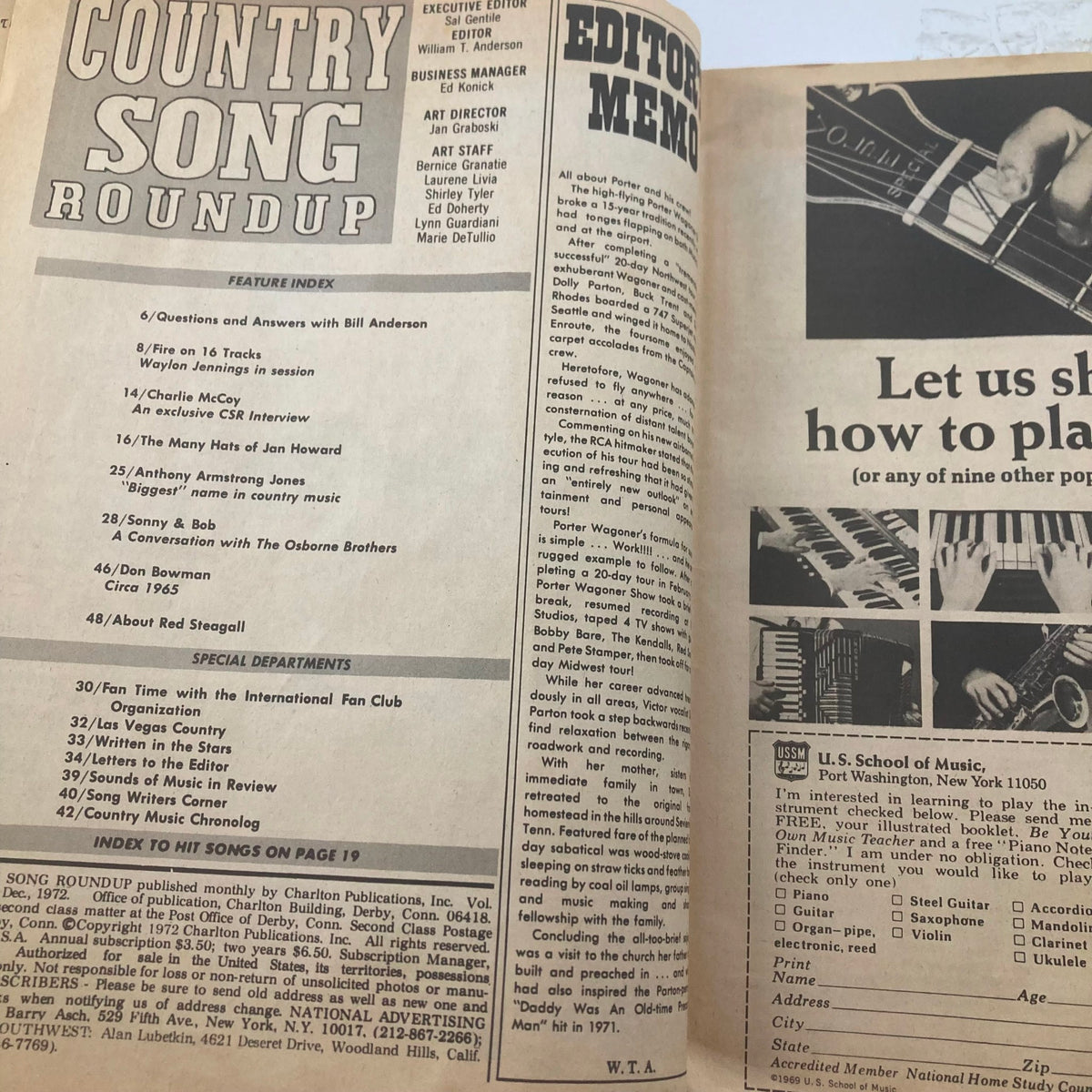 Inside view of the VOTG Country Song Roundup Magazine from December 1972. This page includes the feature index of articles, with a spotlight on Waylon Jennings and other notable country music personalities.