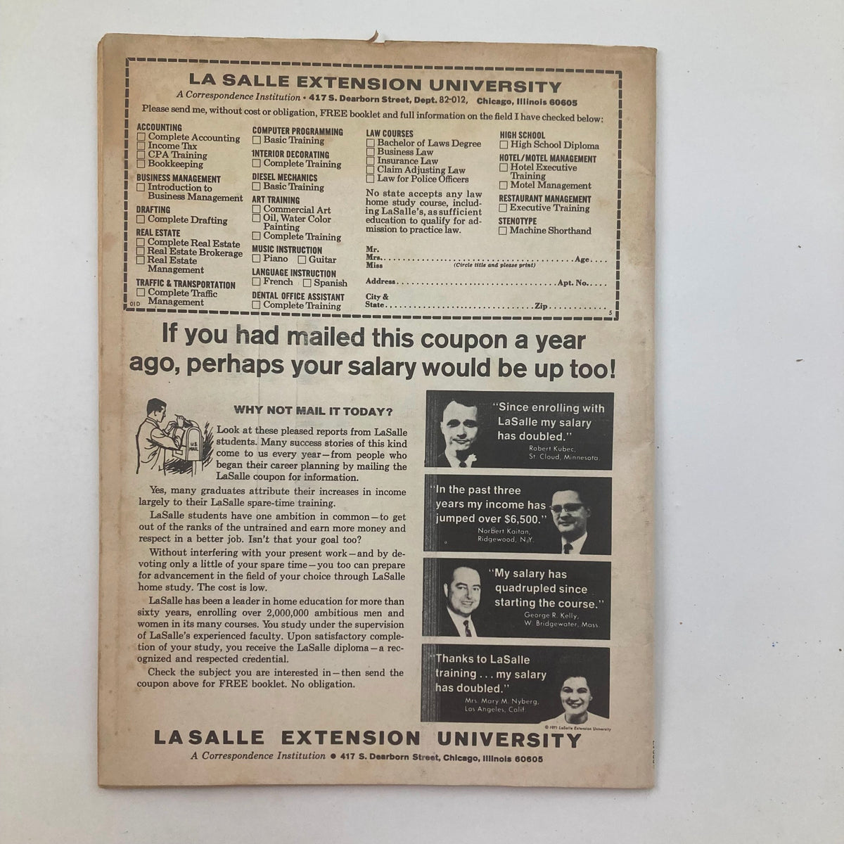 Back cover of VTG Country Song Roundup Magazine, October 1972, showcasing an advertisement for La Salle Extension University, promoting various courses and the benefits of enrollment.