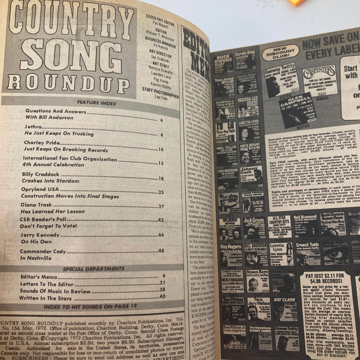 Interior page of VTG Country Song Roundup Magazine May 1972 featuring the Table of Contents, highlighting articles with Bill Anderson and Charley Pride, showcasing insights into country music history.