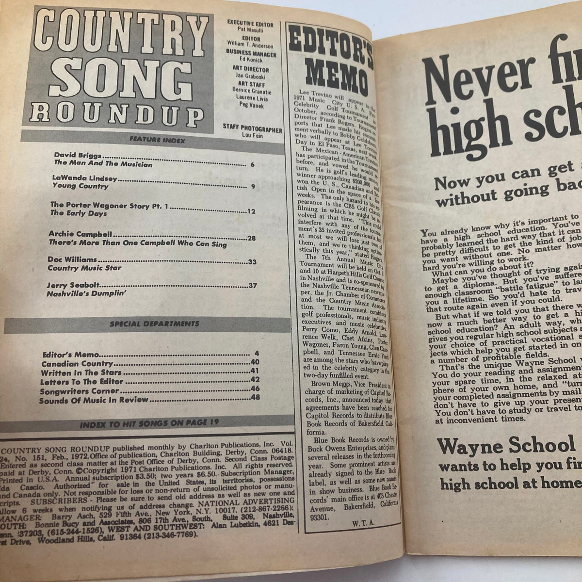 Interior page of the VTG Country Song Roundup Magazine February 1972 showing the feature index including articles about David Briggs and Archie Campbell.