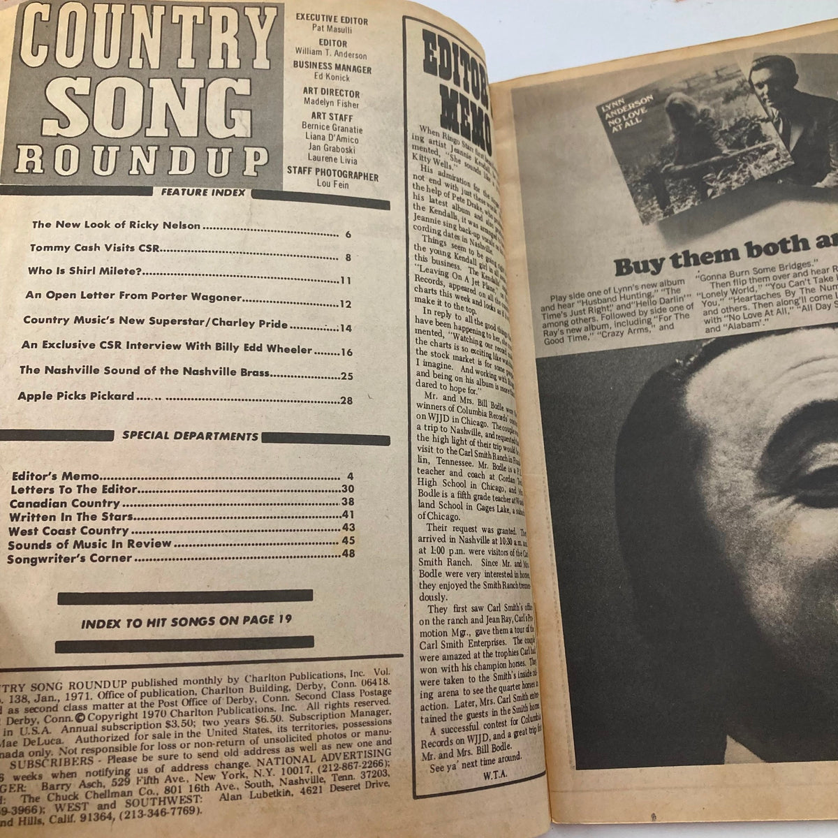 Interior page of VTG Country Song Roundup Magazine January 1971 featuring the feature index and articles about country music stars like Charley Pride.