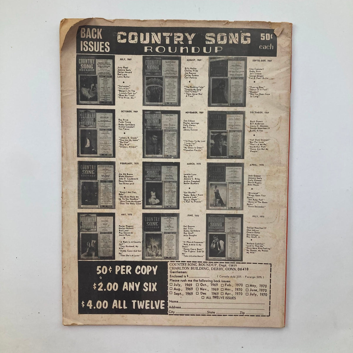Back cover of VTG Country Song Roundup Magazine January 1971 showcasing available back issues and pricing information for the magazine series.