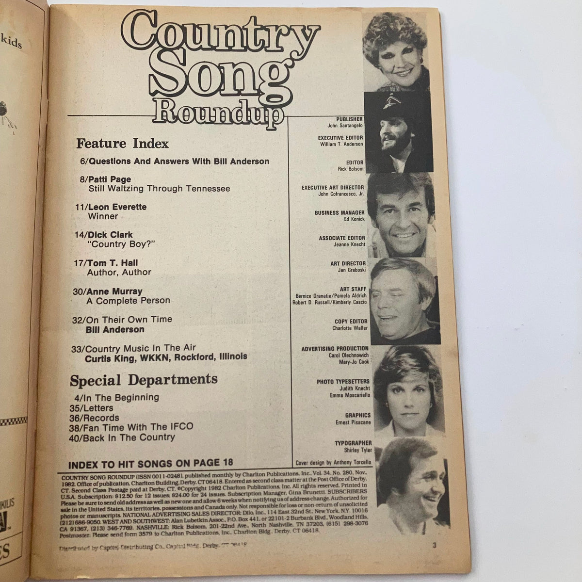Feature index page from the November 1982 VTG Country Song Roundup magazine featuring Tom T. Hall. Lists articles and interviews, including features on Bill Anderson, Dick Clark, and Anne Murray, encapsulating the essence of country music history.