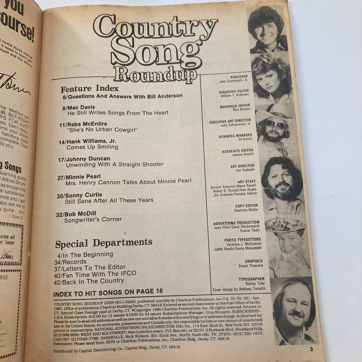 Country Song Roundup Magazine April 1981 feature index page showing articles on Hank Williams Jr., Reba McEntire, and others, part of the collection celebrating country music's vibrant history.