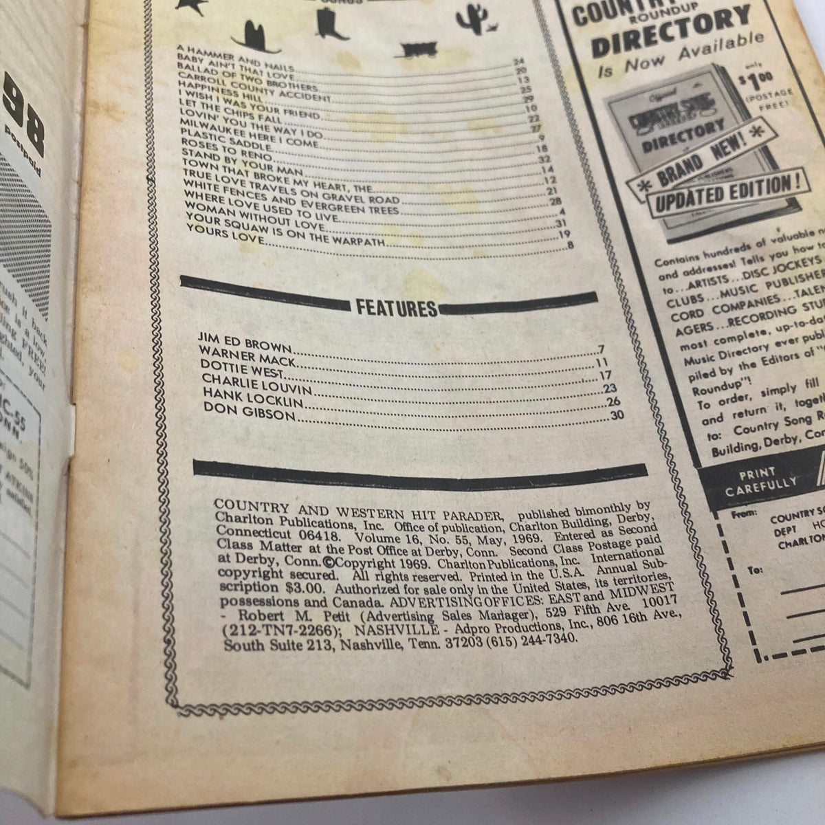 Interior page of the Country & Western Hit Parade Magazine from May 1969, featuring the contents list with song titles and features.