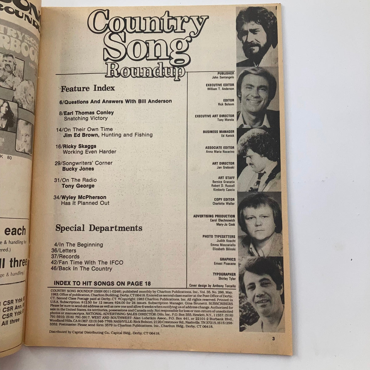 Inside page of Country Song Roundup Magazine, May 1983, displaying the feature index including articles on Earl Thomas Conley, Jim Ed Brown, and Tony George.