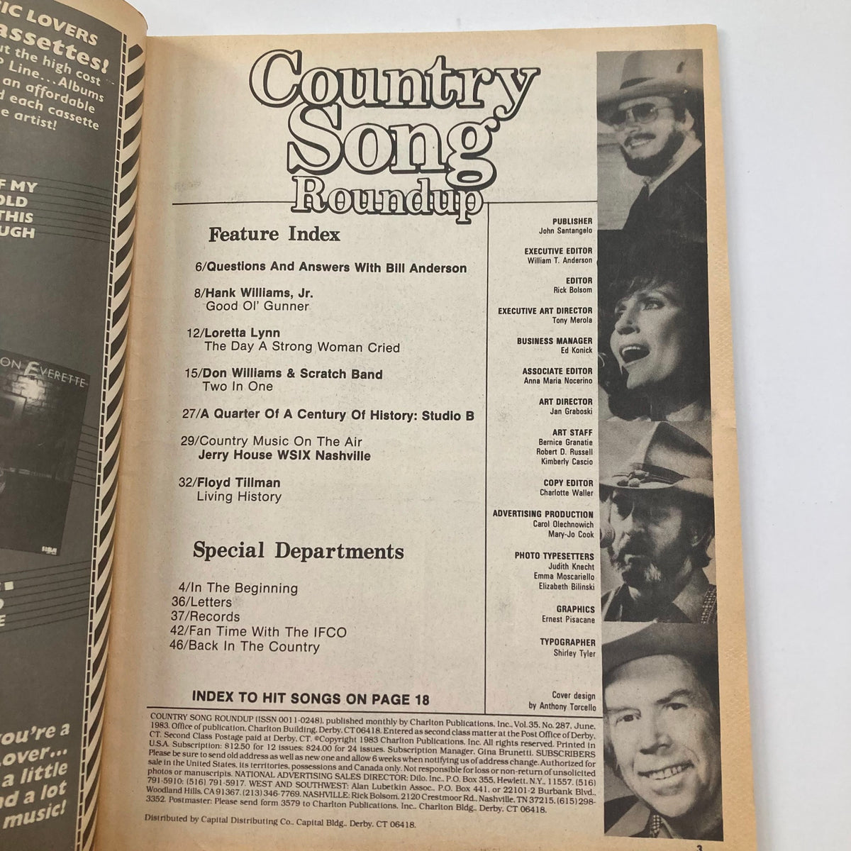 Table of contents from the VTG Country Song Roundup Magazine June 1983, listing featured articles and topics including Don Williams, Hank Williams Jr., and Loretta Lynn.