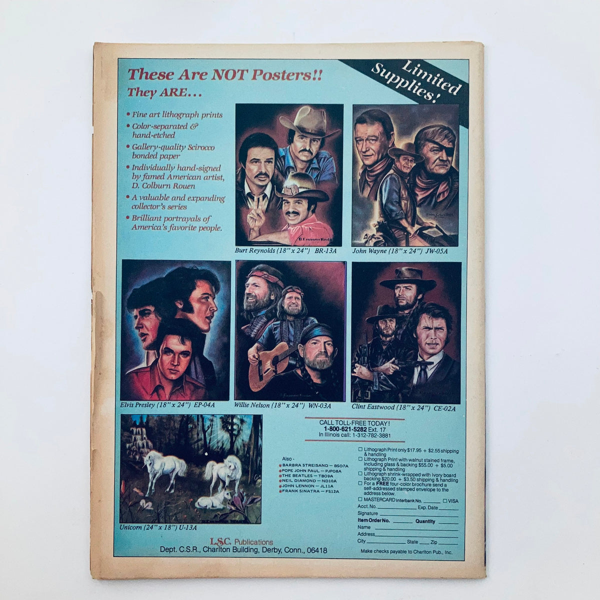 Back cover of the VTG Country Song Roundup Magazine June 1983 showcasing lithograph prints and features famous personalities, emphasizing collectibles related to country music.