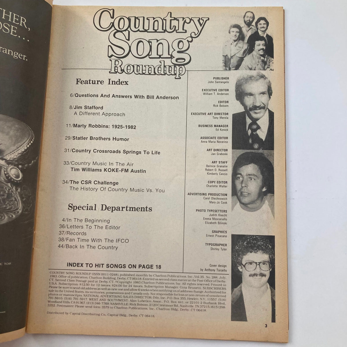 Feature index page of VTG Country Song Roundup Magazine July 1983, listing articles about Marty Robbins, Bill Anderson, and music humor.