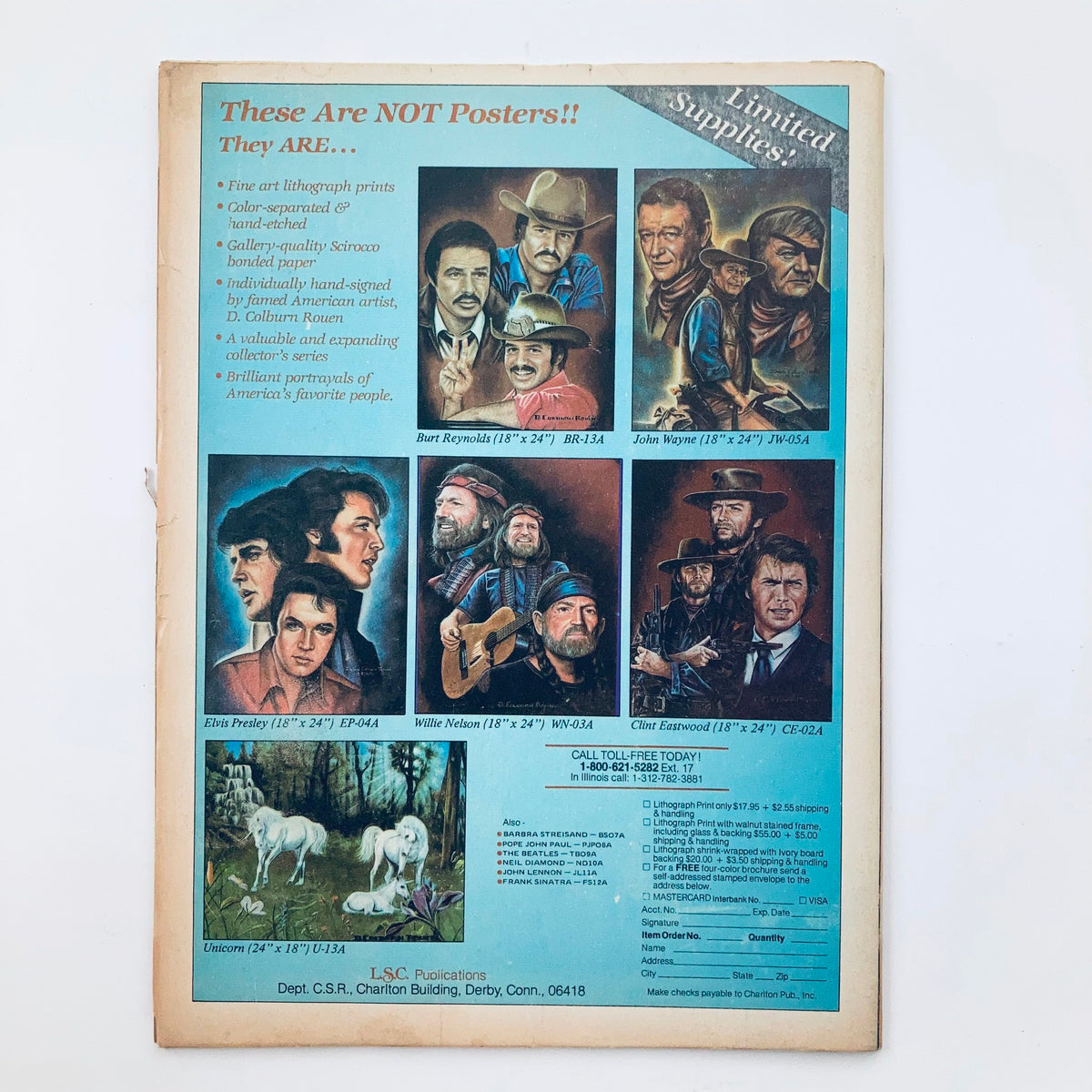 Back cover of VTG Country Song Roundup Magazine July 1983, displaying fine art lithograph prints of famous American figures.