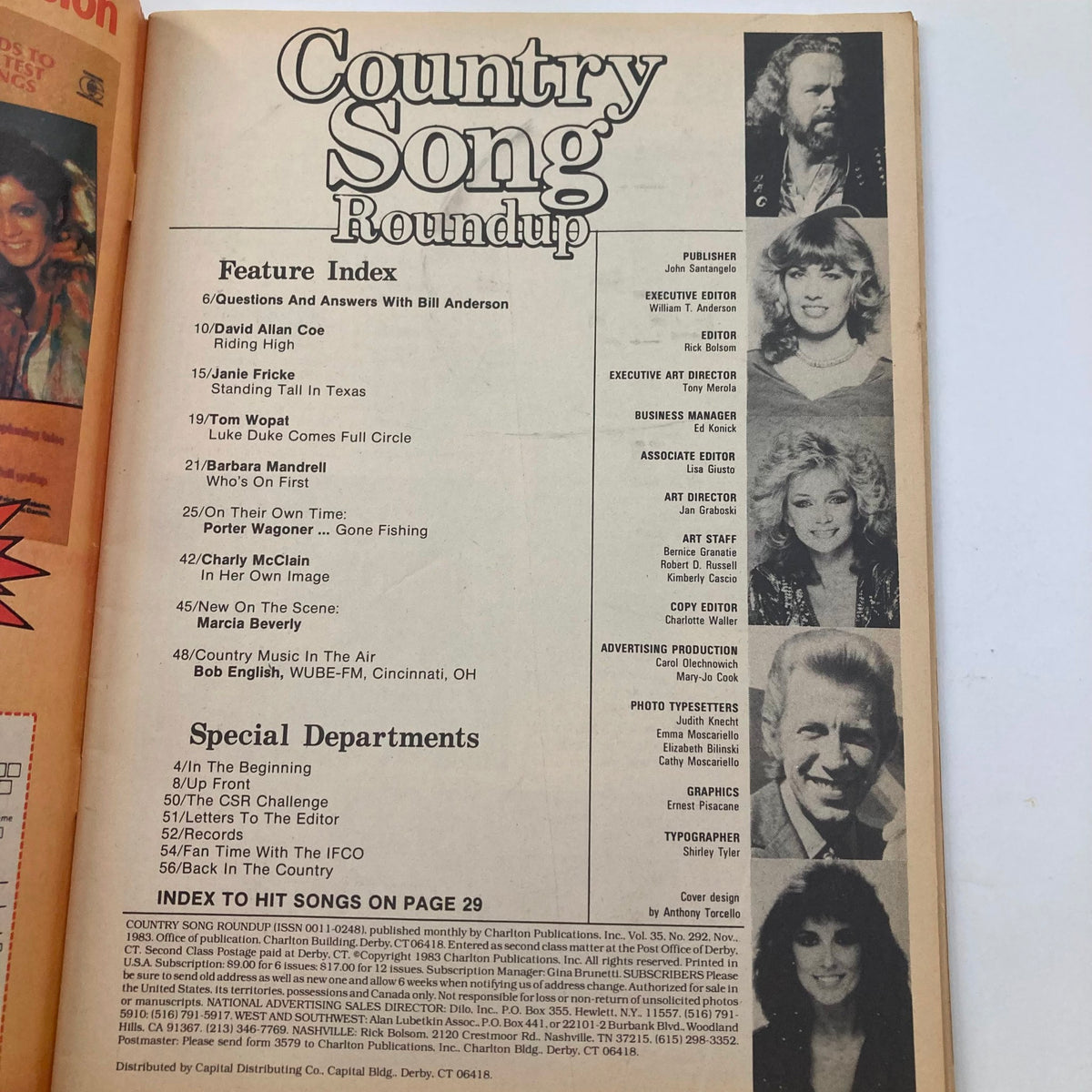 Inside contents page of VTG Country Song Roundup Magazine November 1983 listing featured artists like Barbara Mandrell and Tom Wopat along with articles and special departments.