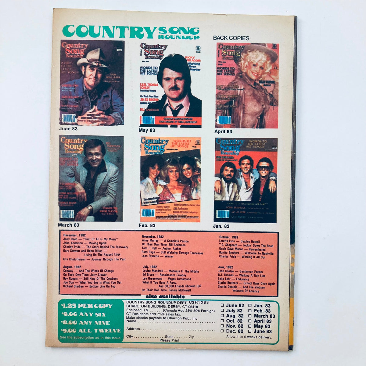 Back cover of VTG Country Song Roundup Magazine December 1983 showcasing previous magazine covers from earlier issues and subscription details.