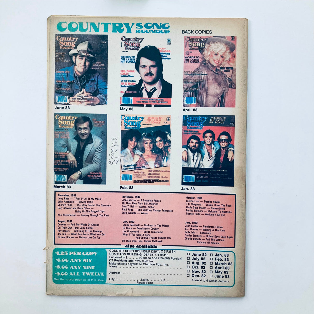 Back cover of the Country Song Roundup Magazine, May 1984 displaying advertisements for previous issues and features of the magazine's notable country artists.