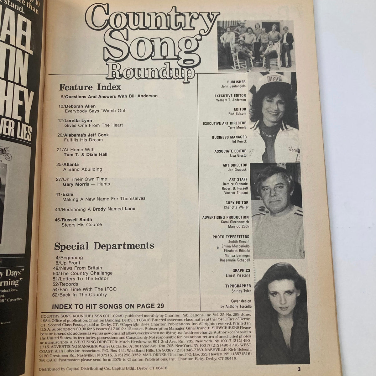 Feature index page of VTG Country Song Roundup Magazine June 1984, listing articles and interviews, including those with Loretta Lynn and Alabama's Jeff Cook.