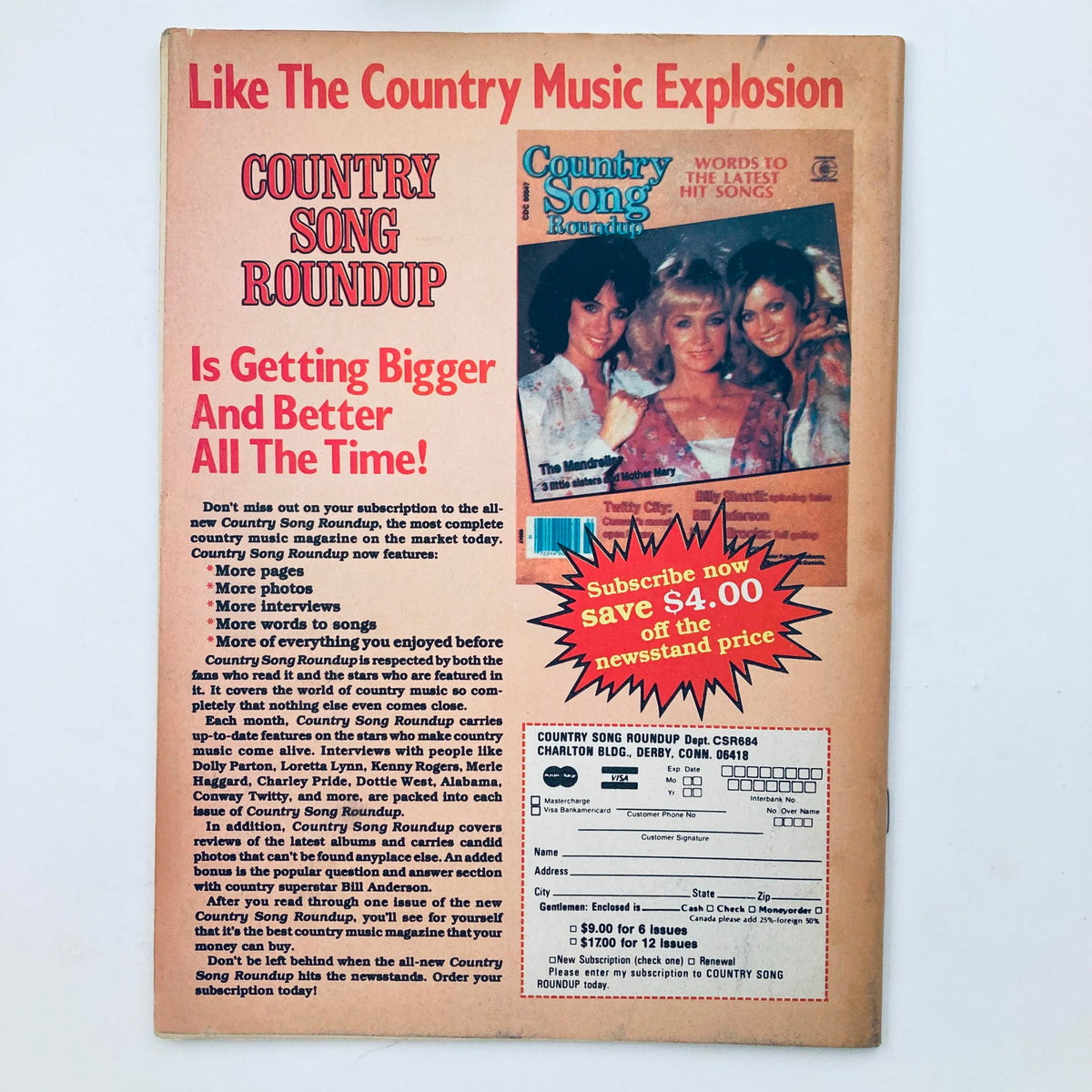 Back cover of VTG Country Song Roundup Magazine June 1984, promoting magazine subscriptions and highlighting country music features.