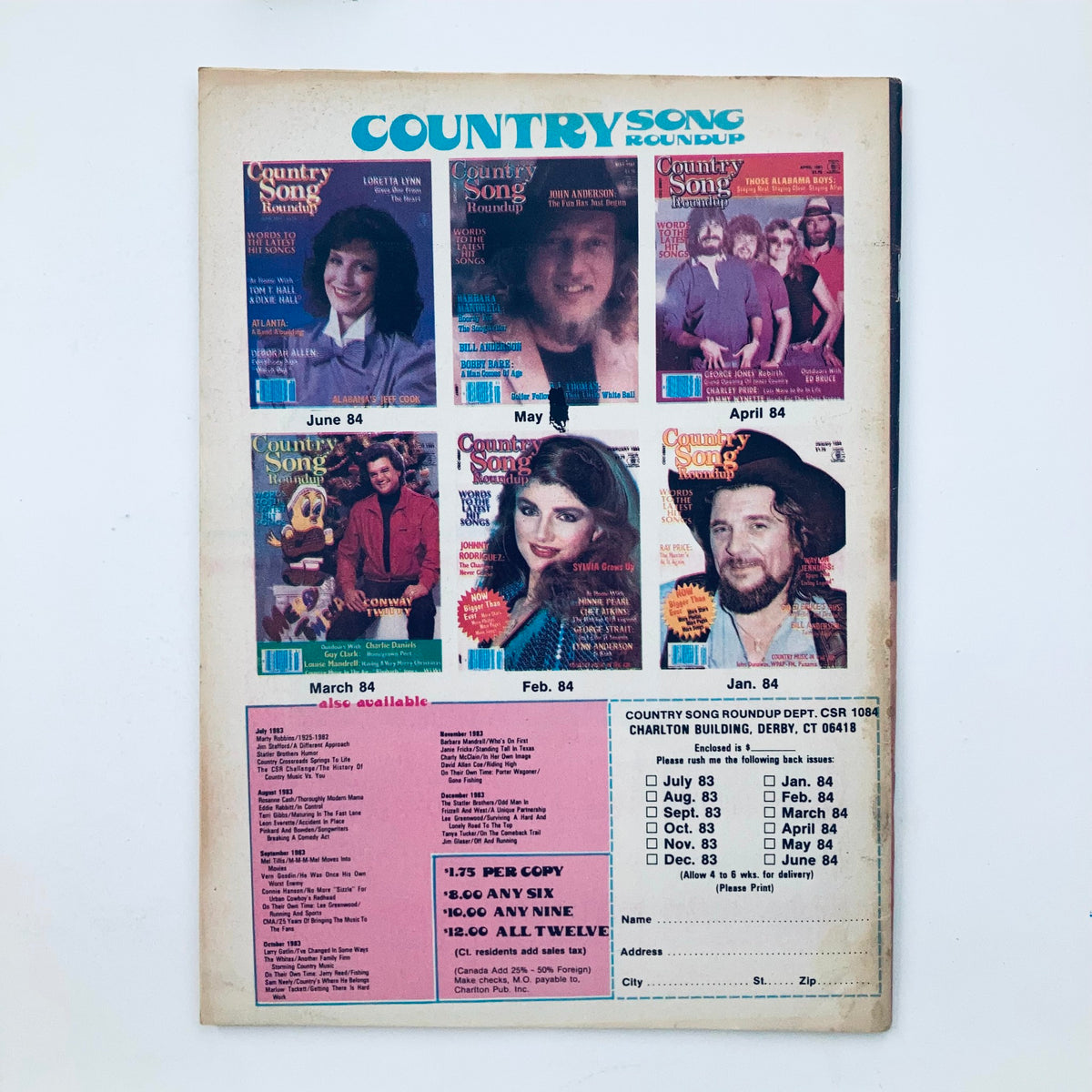 Back cover of VTG Country Song Roundup Magazine October 1984 featuring various past issues and a subscription order form, highlighting the rich history of country music and its artists.