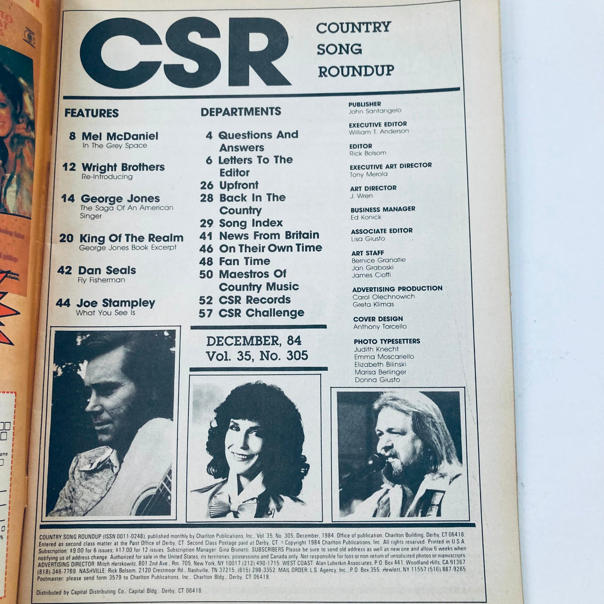 Table of contents from the VTG Country Song Roundup Magazine December 1984, listing features like George Jones and Joe Stampley, reflecting the era's popular artists.