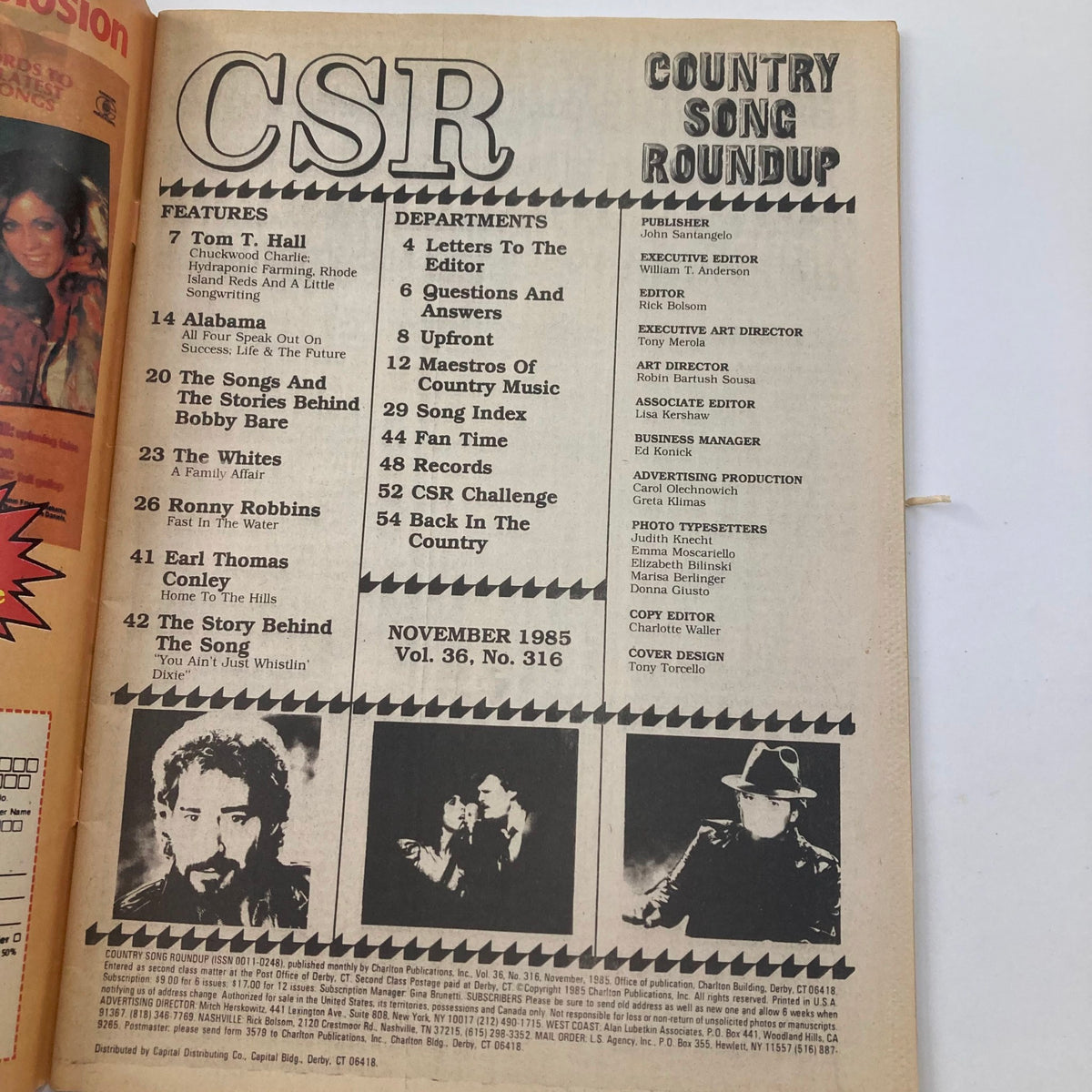 Interior of VTG Country Song Roundup Magazine November 1985 showcasing features and articles about country music artists and culture.