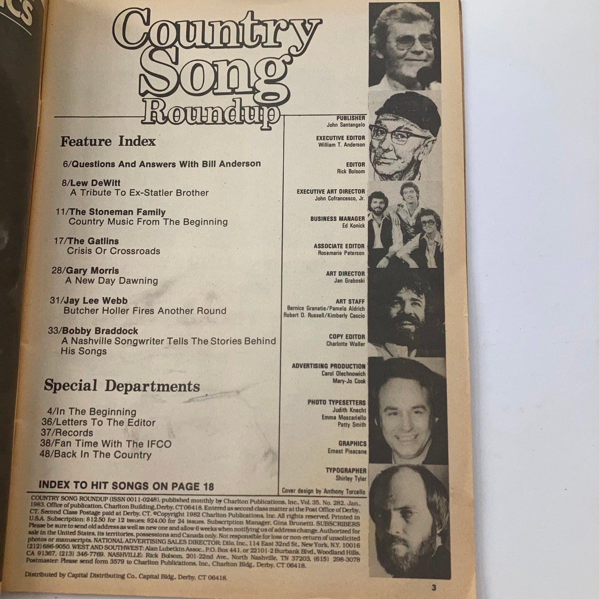 Index page of Country Song Roundup magazine, January 1983, listing features including The Gatlin Brothers article, presenting its contents to readers.