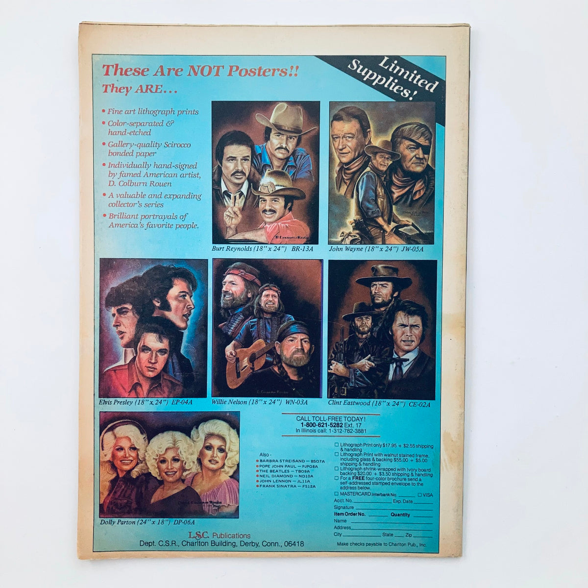 Back cover of the January 1983 Country Song Roundup magazine advertising lithograph prints featuring American celebrities, enhancing its nostalgic appeal.