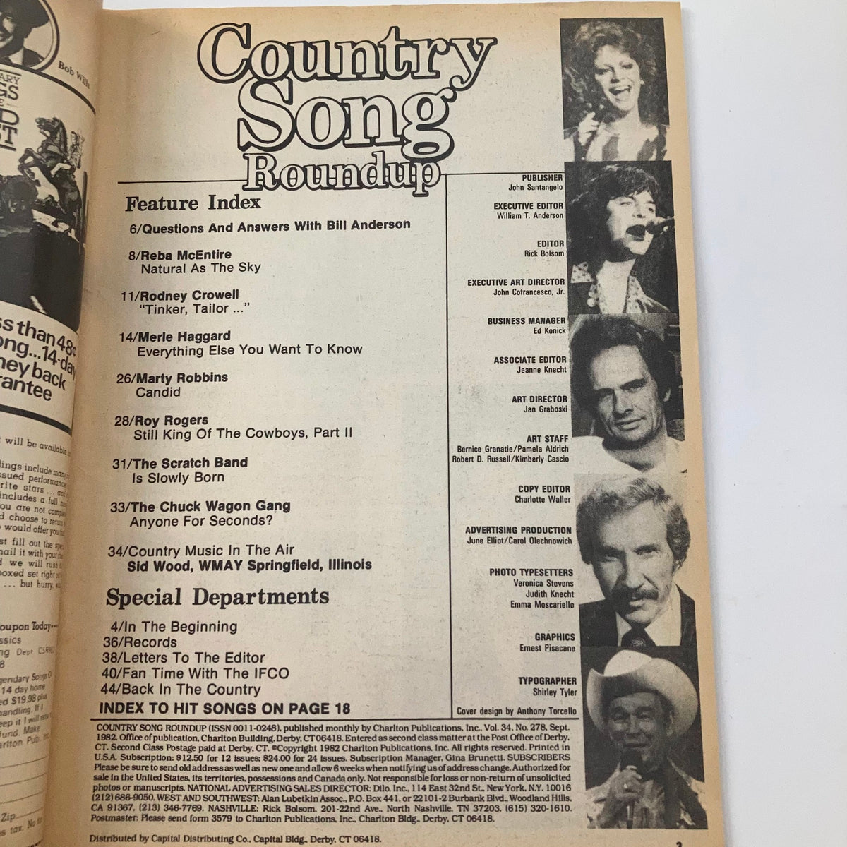 Inside page of the VTG Country Song Roundup Magazine September 1982 displaying the feature index, highlighting articles on Merle Haggard and Marty Robbins.