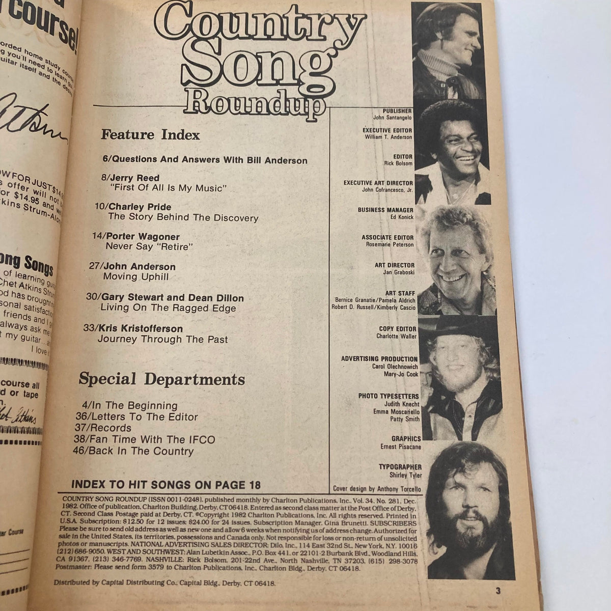 Inside feature index page of Country Song Roundup Magazine December 1982 listing topics such as Porter Wagoner and Charley Pride.