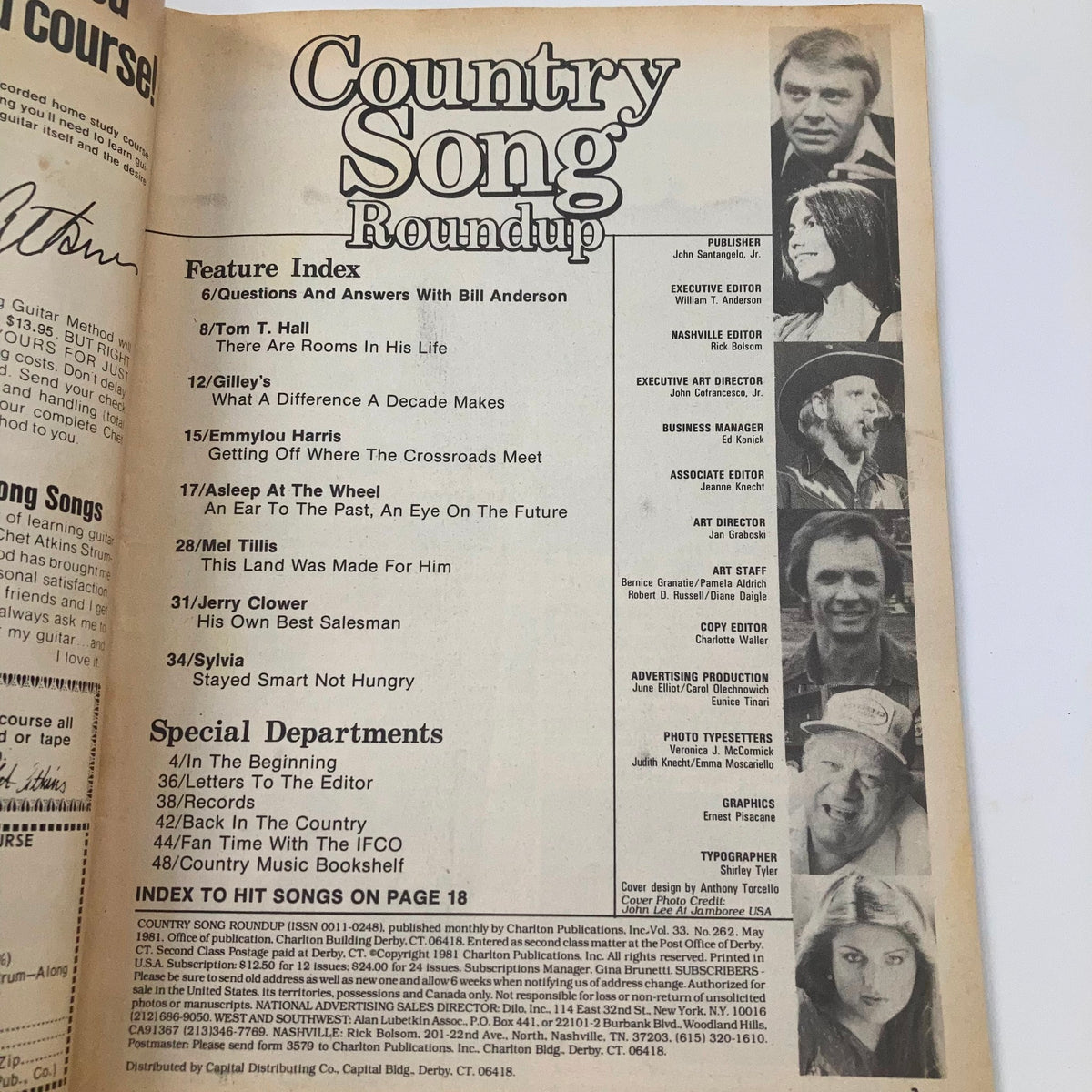 Feature index page of VTG Country Song Roundup Magazine from May 1981, listing articles including one on Emmylou Harris.