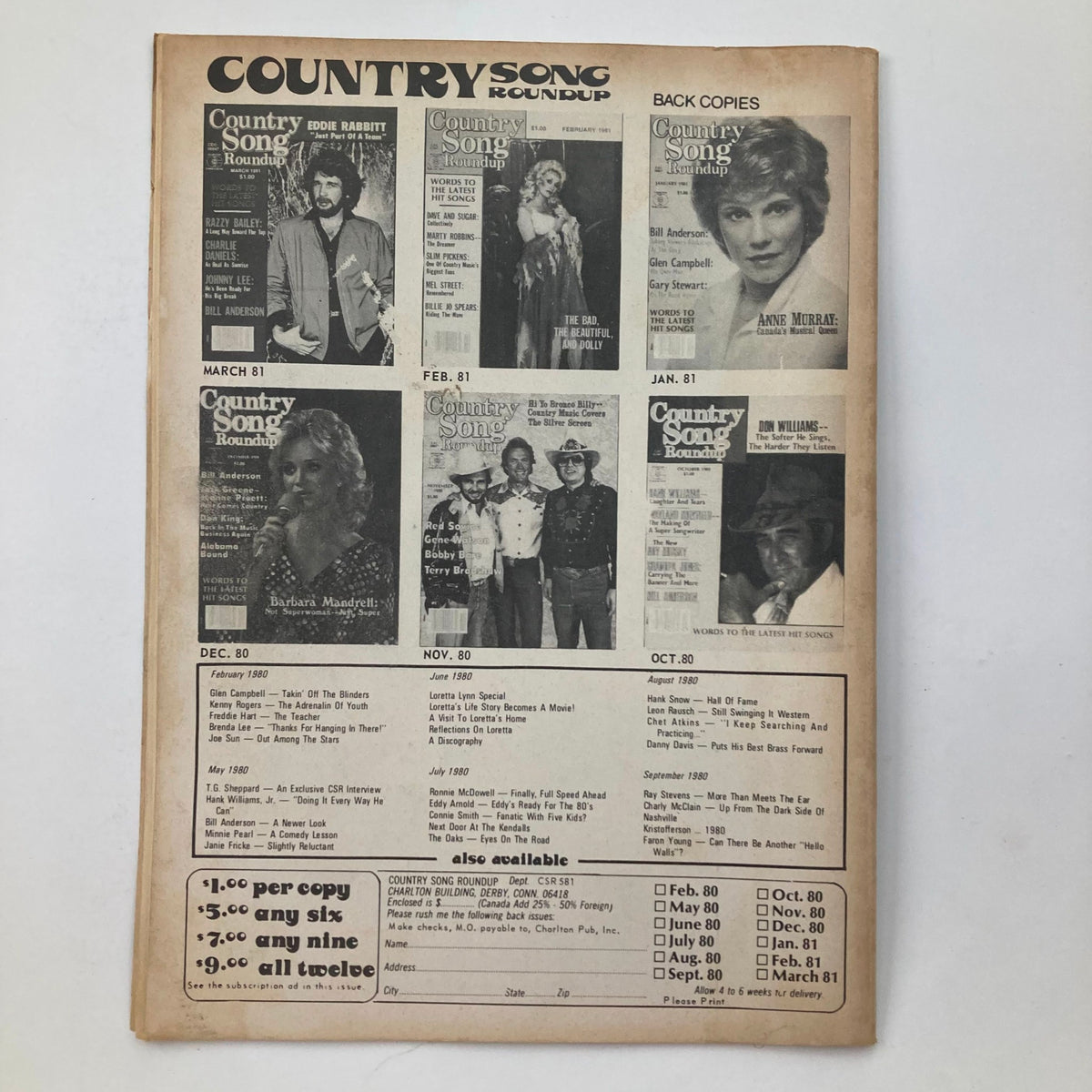 Back cover of VTG Country Song Roundup Magazine from May 1981 showcasing previous issues and artists featured in the magazine.