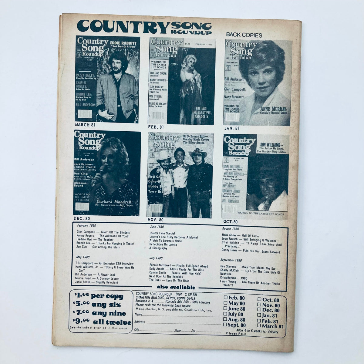 Back cover of VTG Country Song Roundup Magazine June 1981 displaying advertisements for past issues and notable country music artists, promoting the magazine's historical significance.