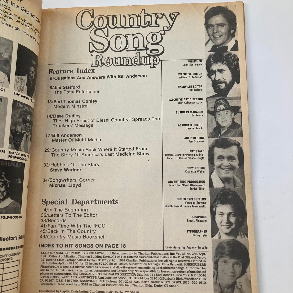 Feature index page of the 'Country Song Roundup Magazine' September 1981, highlighting articles and interviews with country music stars like Bill Anderson and Dave Dudley.