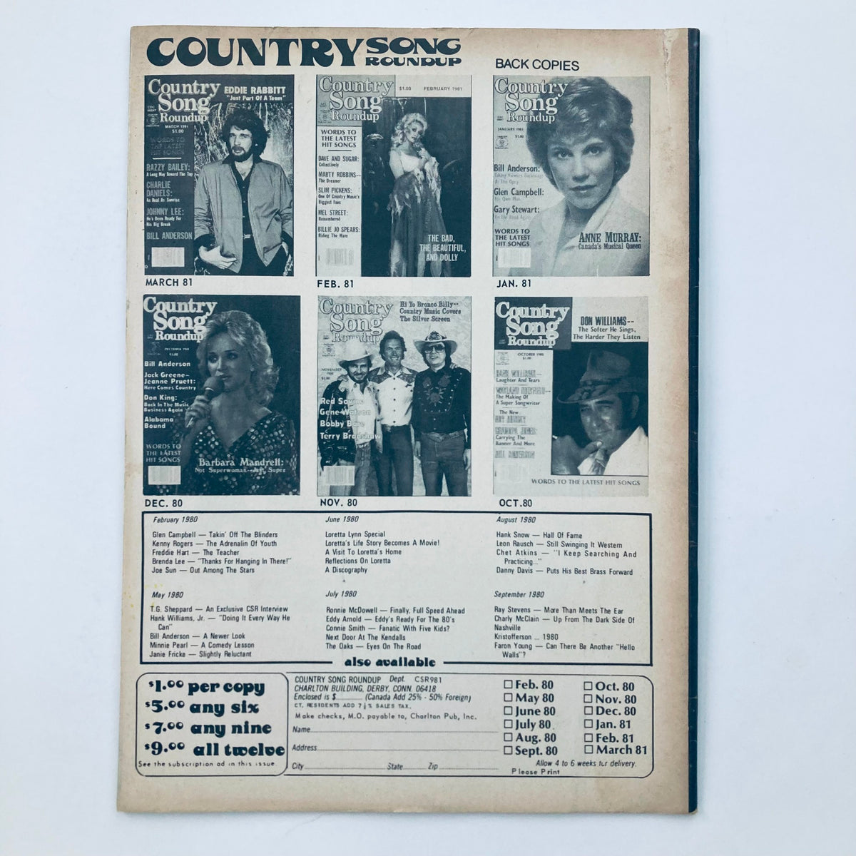 Back cover of 'Country Song Roundup Magazine' September 1981, displaying previous magazine covers and subscription details for classic country music enthusiasts.