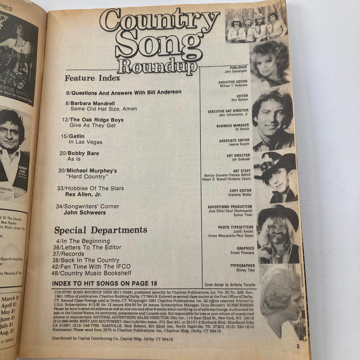 Inside page of VTG Country Song Roundup Magazine from November 1981 displaying the feature index including content about the Oak Ridge Boys and other country artists.