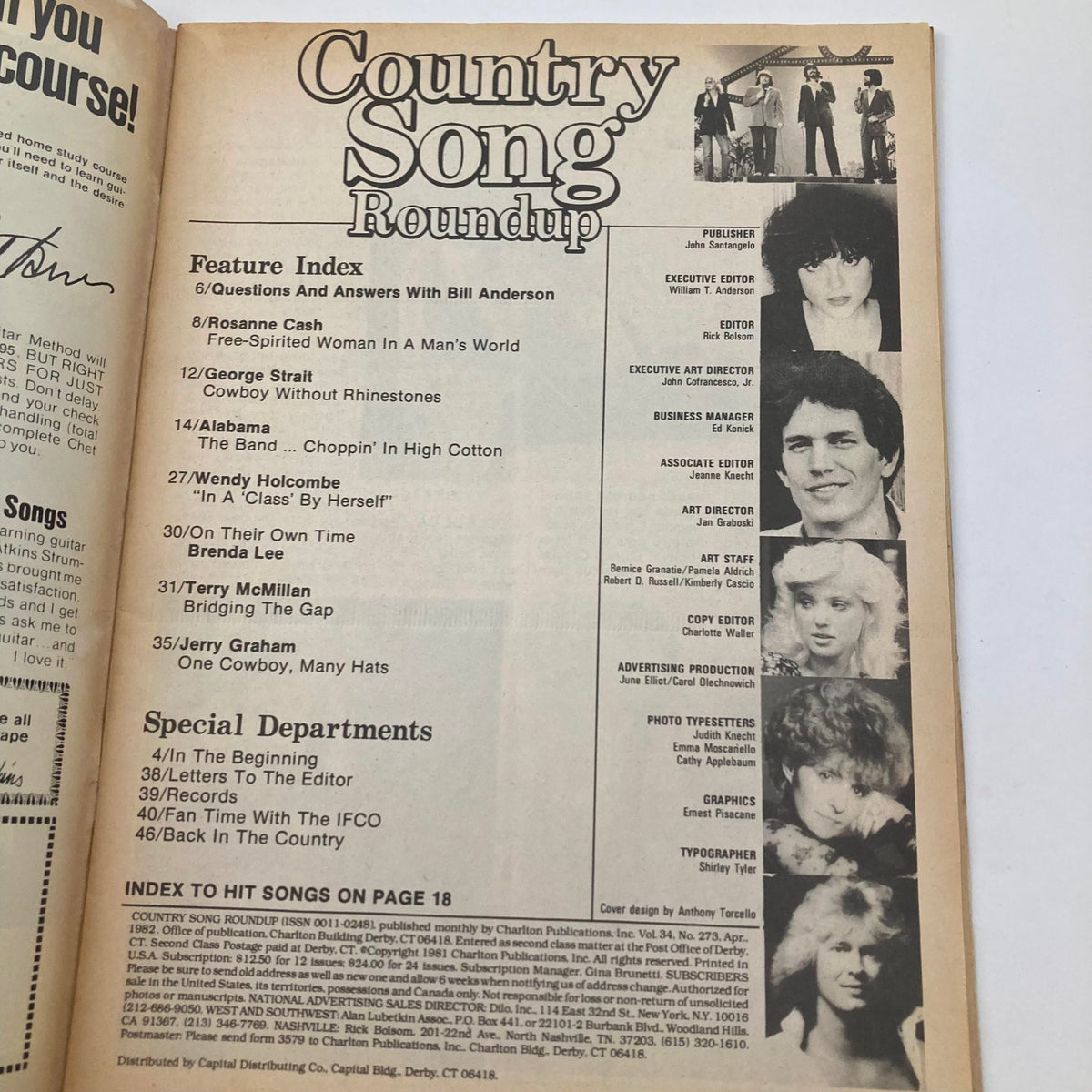Feature index page from Country Song Roundup Magazine, April 1982 highlighting articles on Alabama, Rosanne Cash, and George Strait.