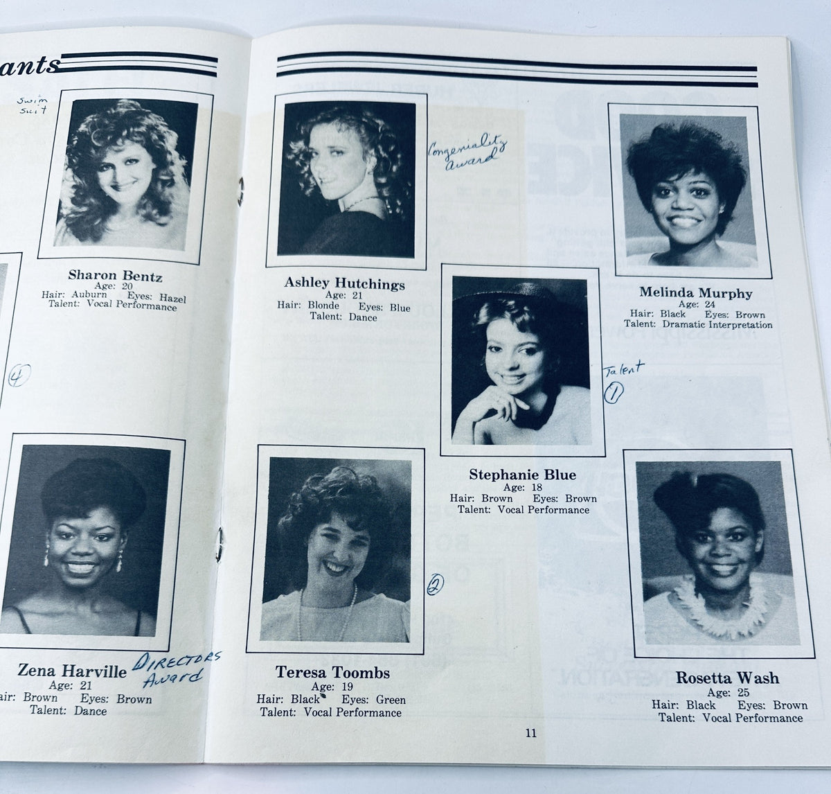 Inside page of the Miss America Harrison County Pageant program from April 6, 1985, showcasing participants including Sharon Bentz, Ashley Hutchings, Melinda Murphy, Stephanie Blue, Zena Harville, Teresa Toombs, and Rosetta W Ash, with details on their hair, eye color, and talents.