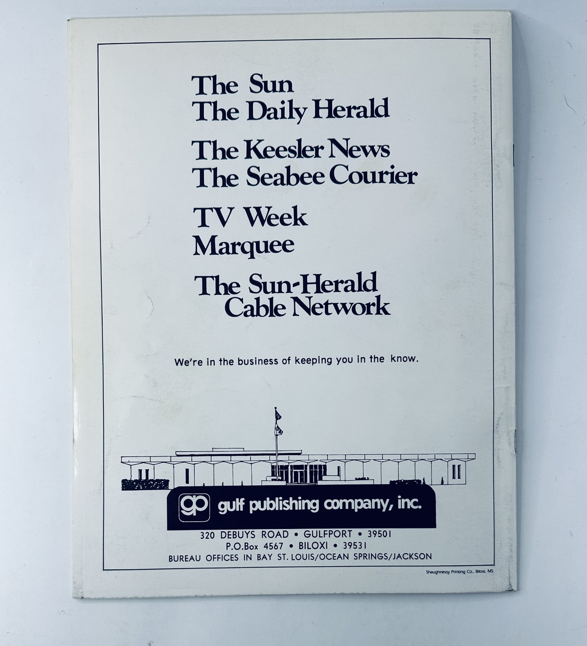 Back cover of the Miss America Harrison County Pageant April 6, 1985 program featuring advertisements for local publications and services, highlighting Gulf Publishing Company. The program includes details about the event and participants.